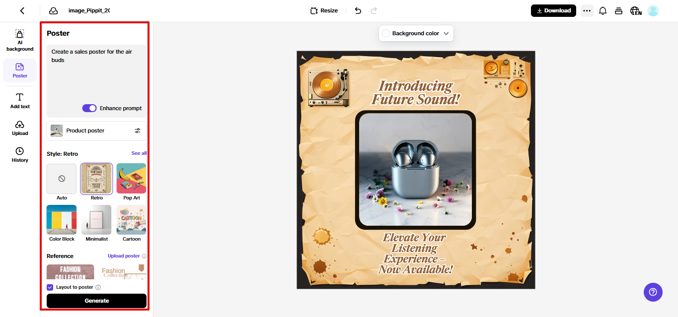 Poster tool in Pippit