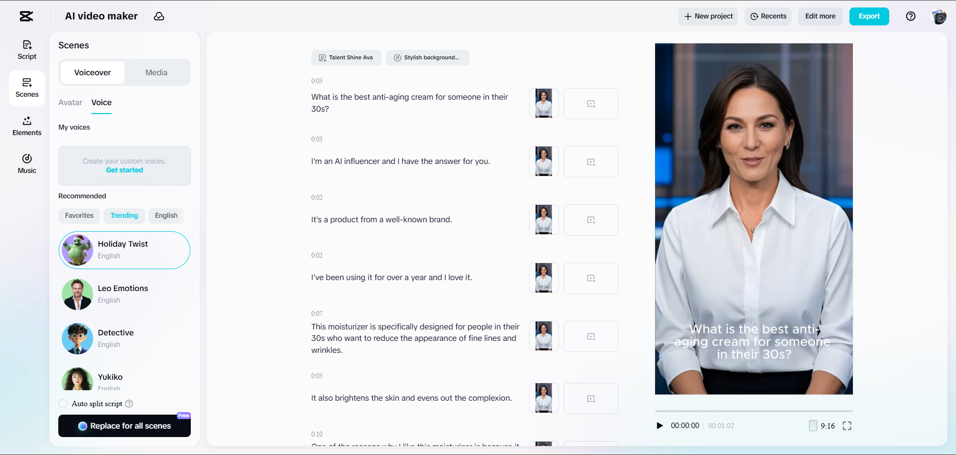 Interface of CapCut Web - a quick way to make AI influencers