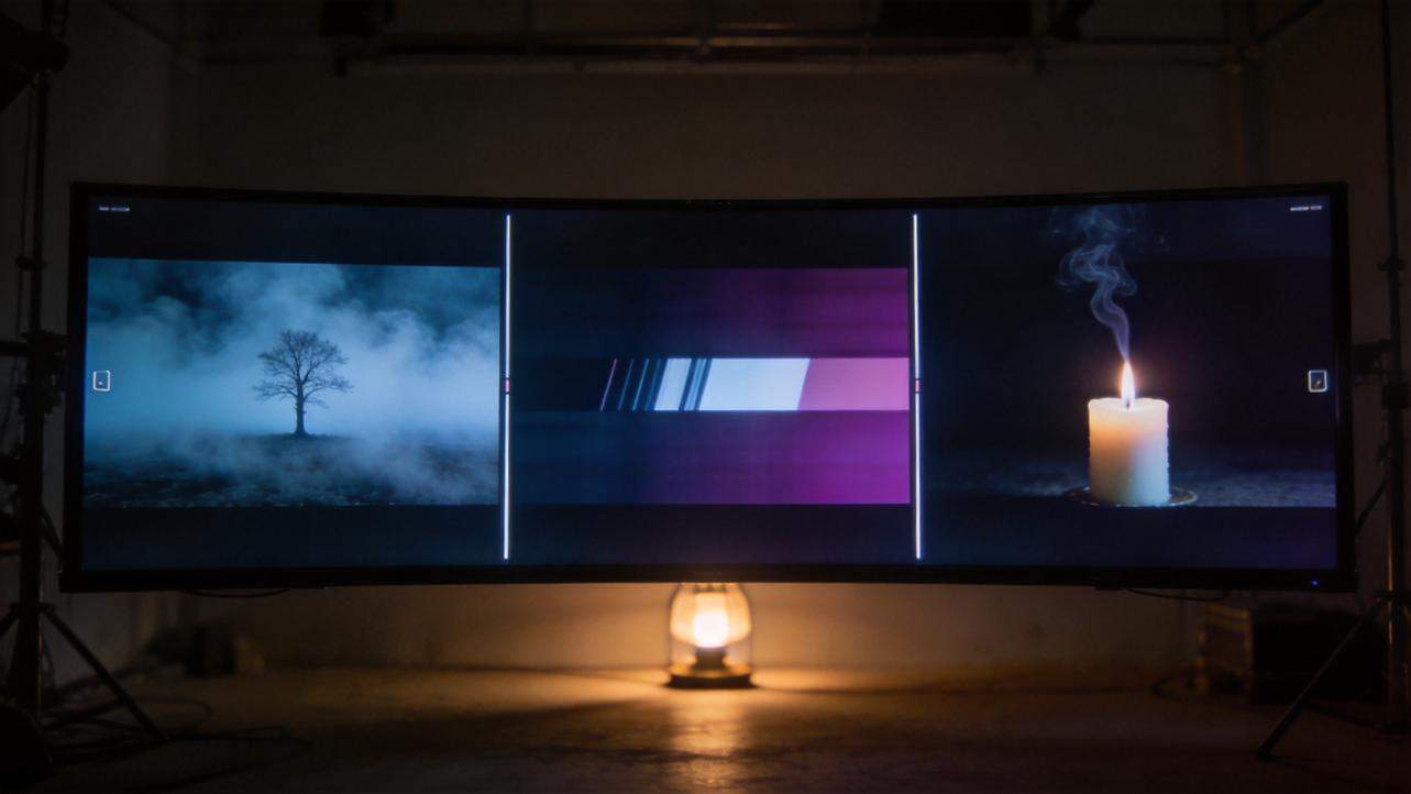 Three-panel display shows a misty tree, glitchy color bars, and a lit candle with smoke
