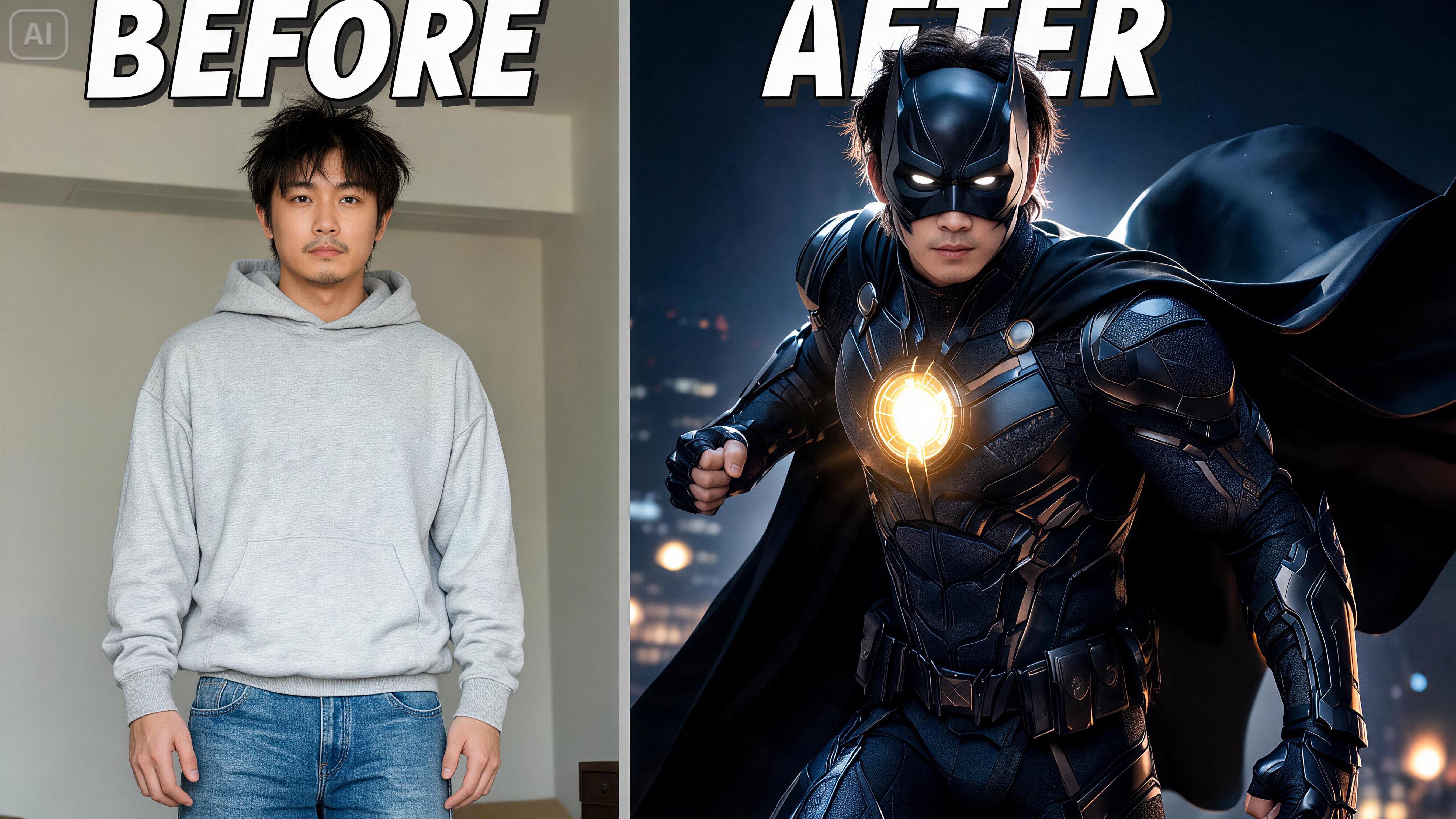 Superhero cosplay transformation portrait