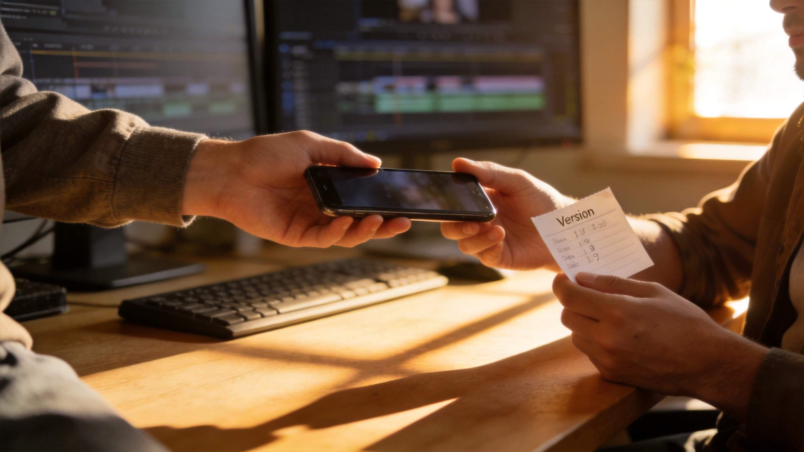 Two people exchange a smartphone and a version note at a desktop editing workstation