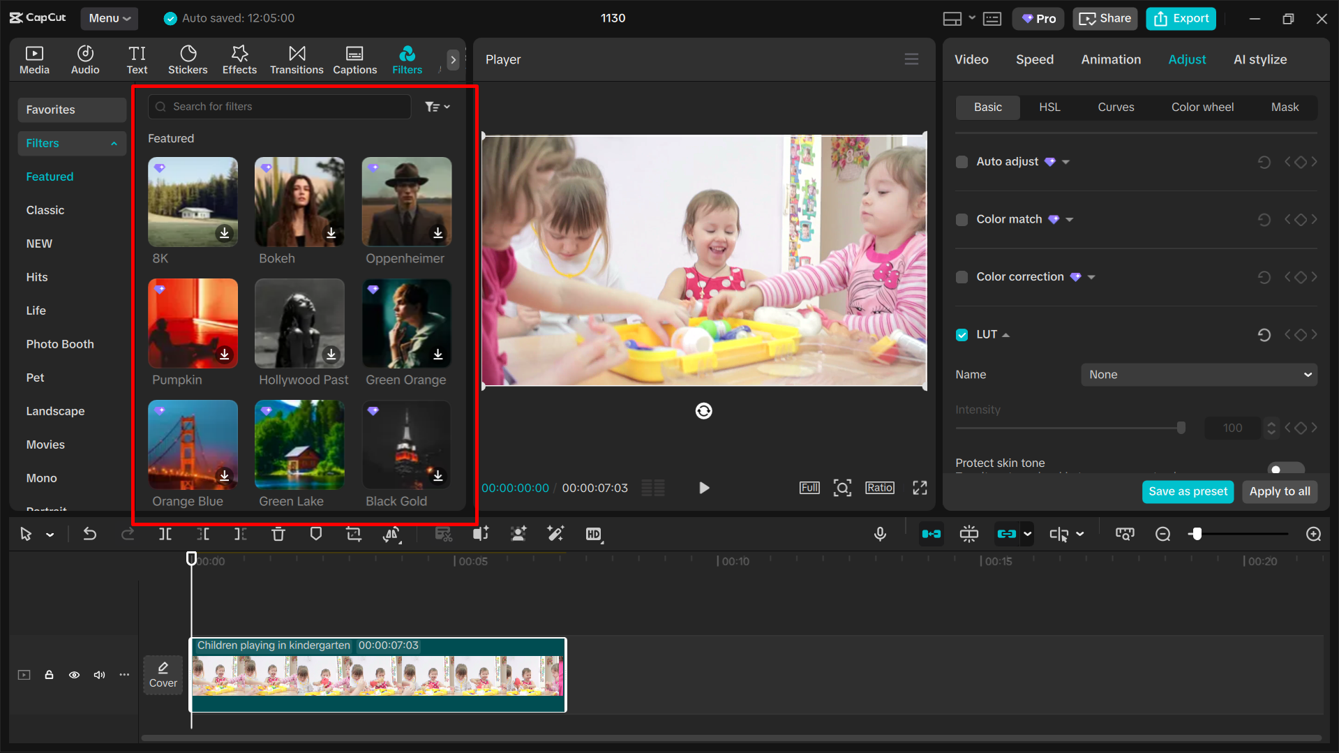 Color filters in CapCut