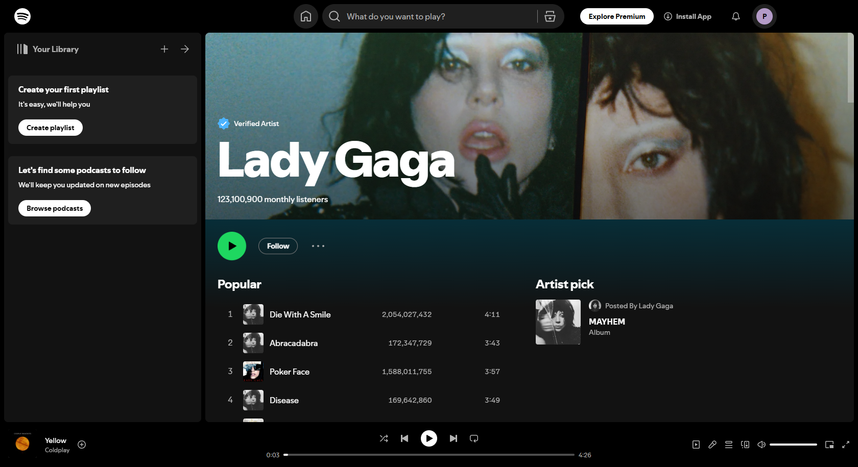 Lada Gaga Spotify gränssnitt