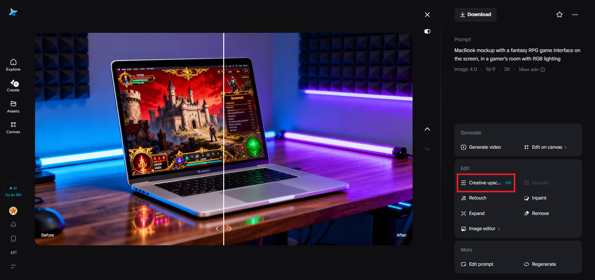 Creative upscale feature in Dreamina