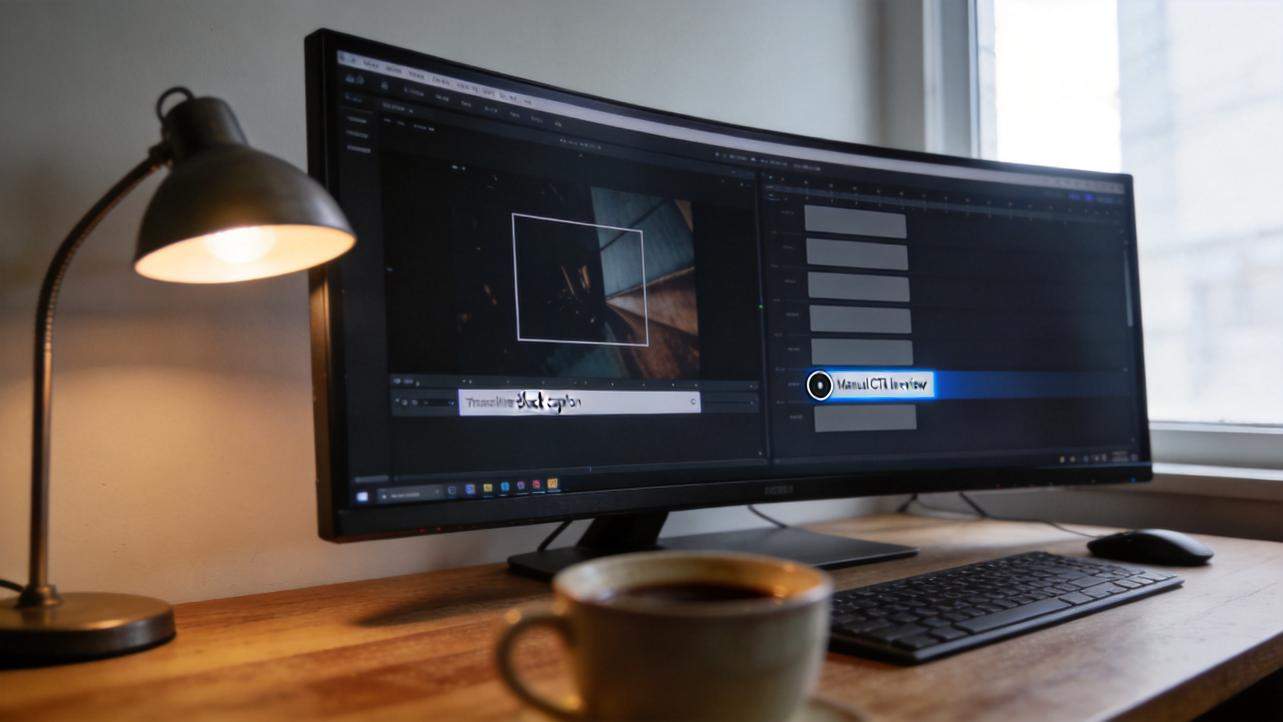 Desktop monitor showing a video editor with subtitle tracks, beside a lamp, keyboard, mouse, and coffee cup.