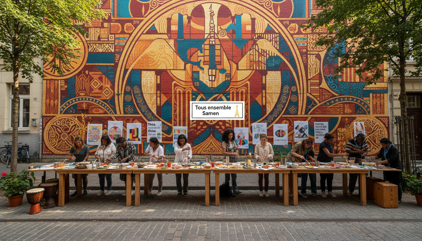 Cultural inclusion event in Matongé with street mural and community table; no visible faces.