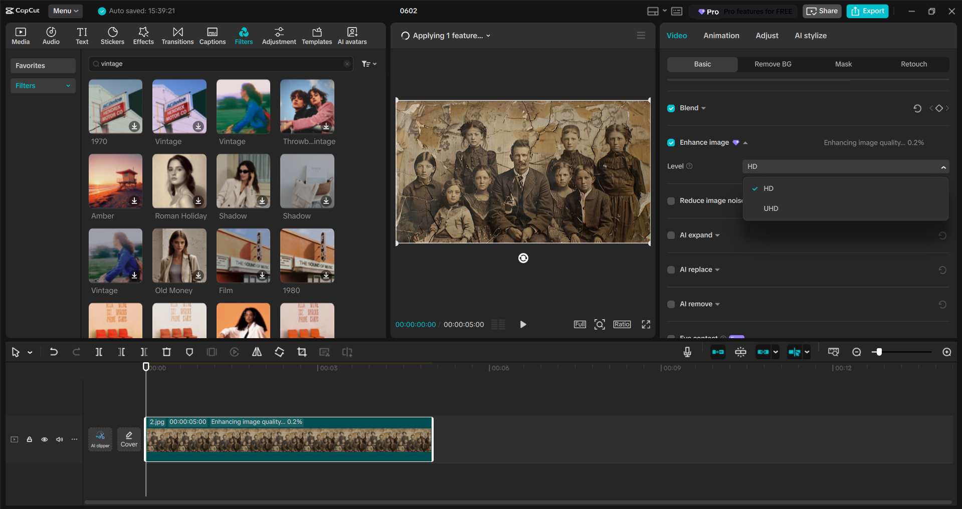 Interface of the CapCut desktop video editor - a free online vintage photo editor