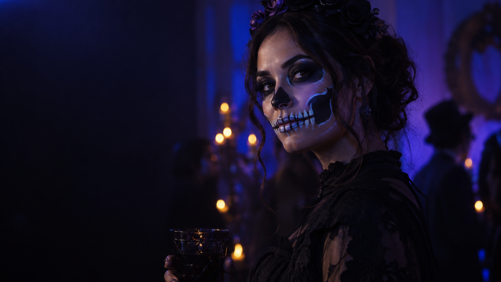 Neon Skeleton Party: un partecipante adulto immaginario con ordinate linee luminose di scheletro sugli zigomi e sulla mascella, stanza buia con luci d'accento blu-viola.