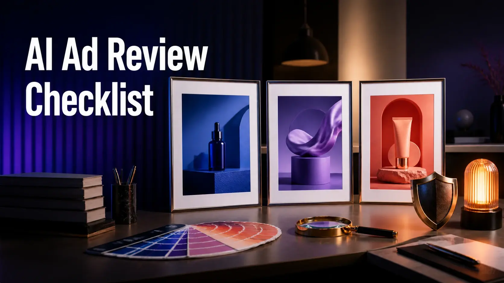 Three ad proofs, a magnifying glass, color swatches, a rights shield, and an approval light form a review desk.