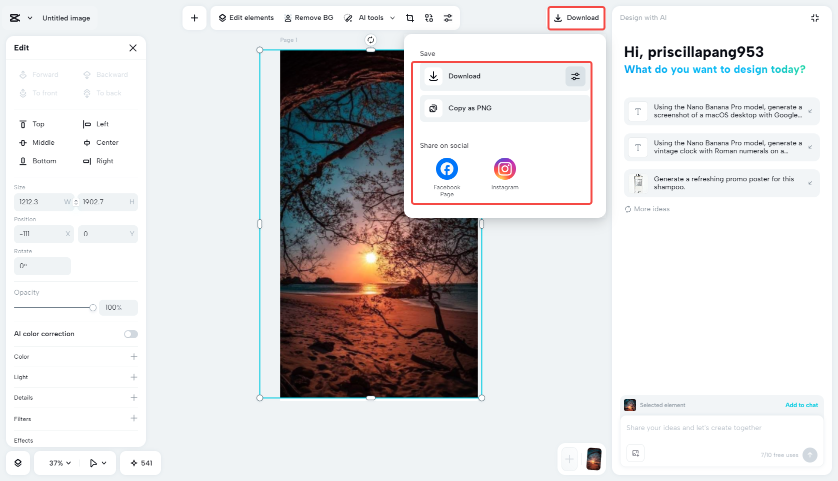 Exporting the photo in CapCut