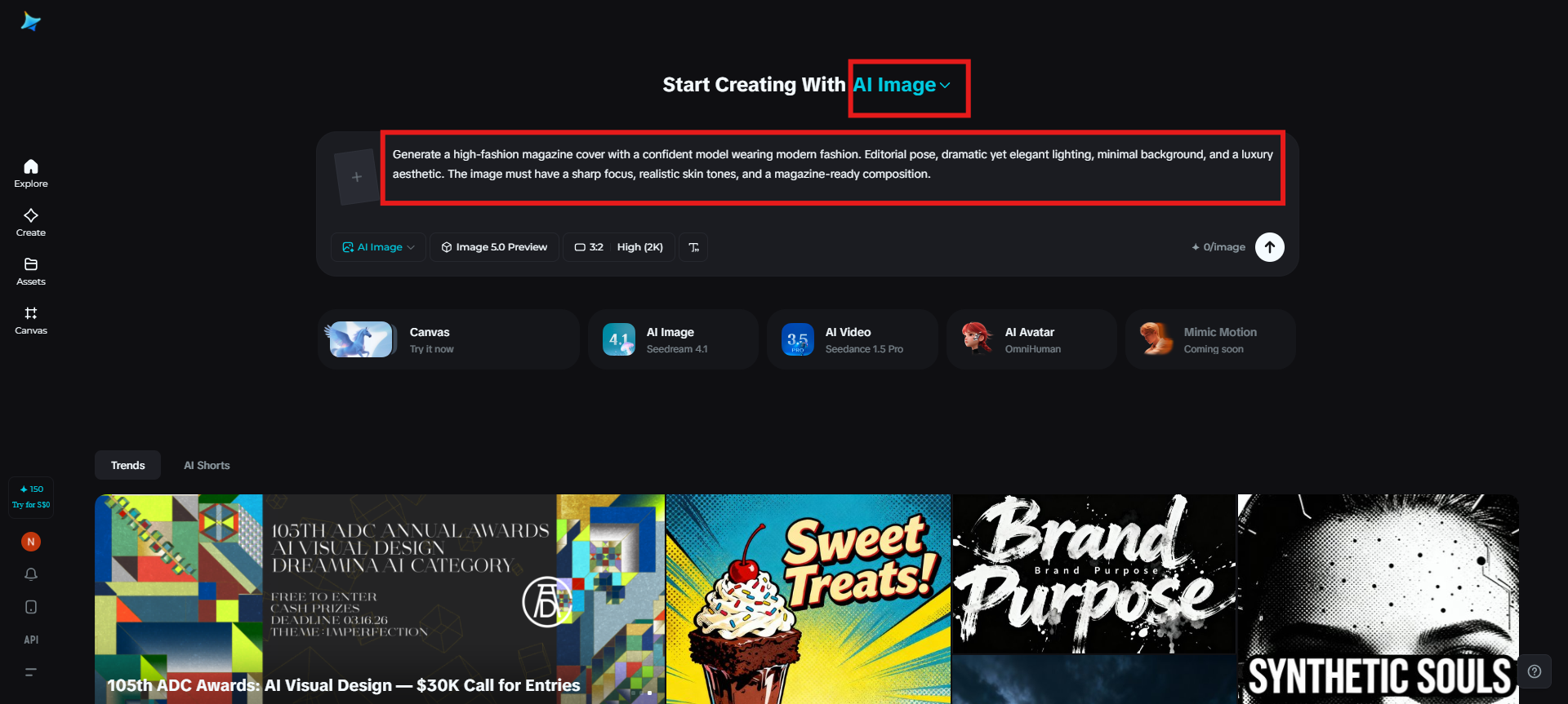 Enter Dreamina workspace and add a text prompt