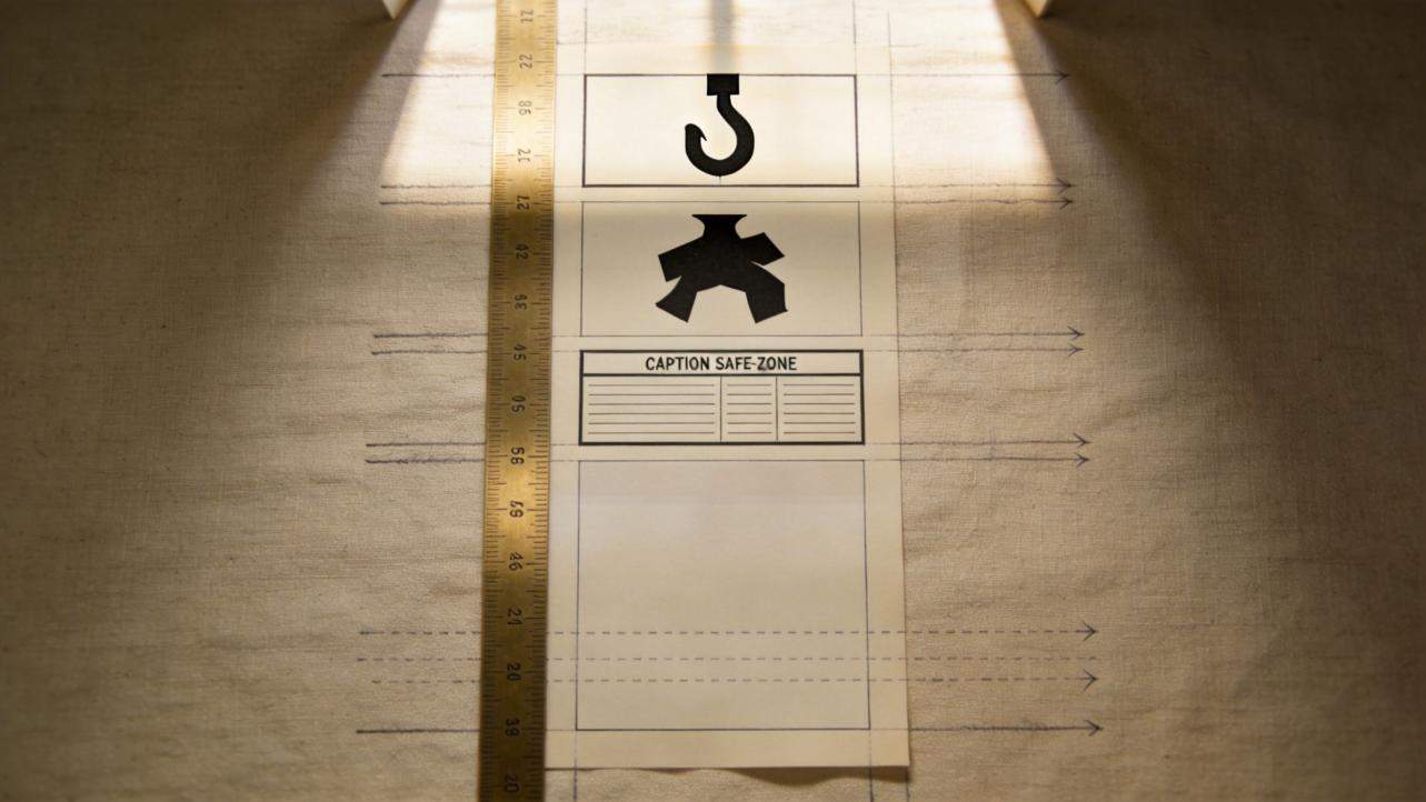 Caption safe-zone diagram with a ruler, showing subtitle placement areas and arrow guides