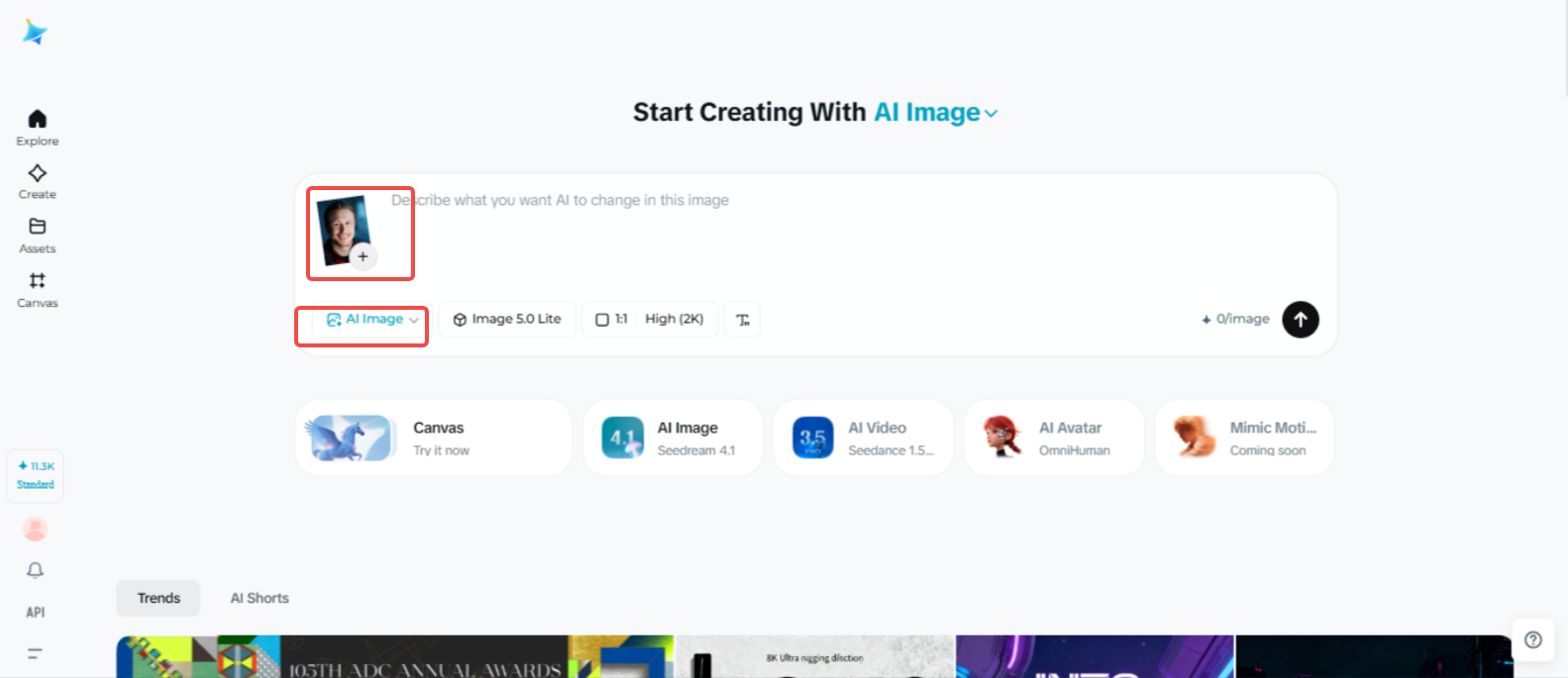 Accessing the "AI Image" feature in Dreamina