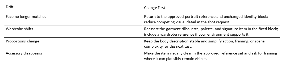 Table comparing character drift issues and first changes to make