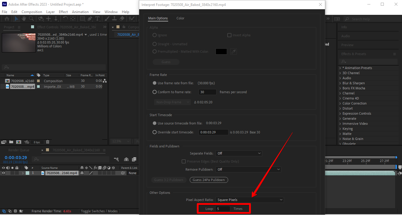 Definir contagens de repetição no After Effects