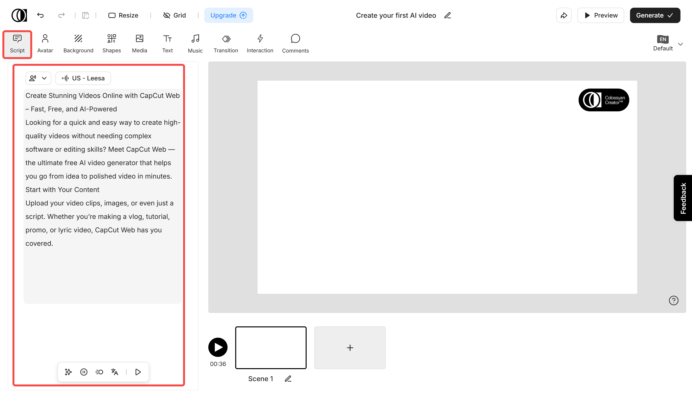 Writing a script for a video using the Colossyan Creator