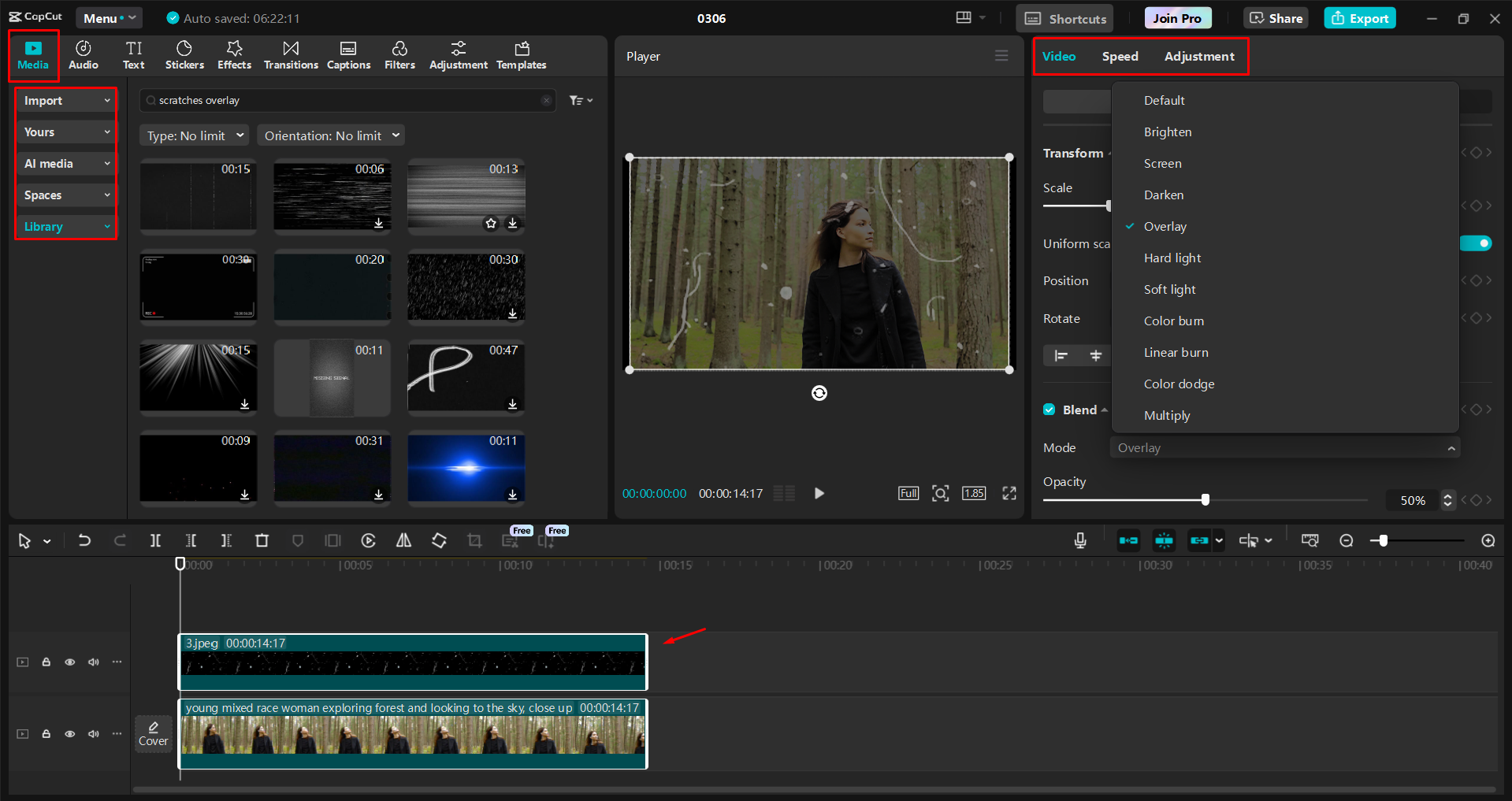Editing a dust and scratch overlay in the CapCut desktop video editor
