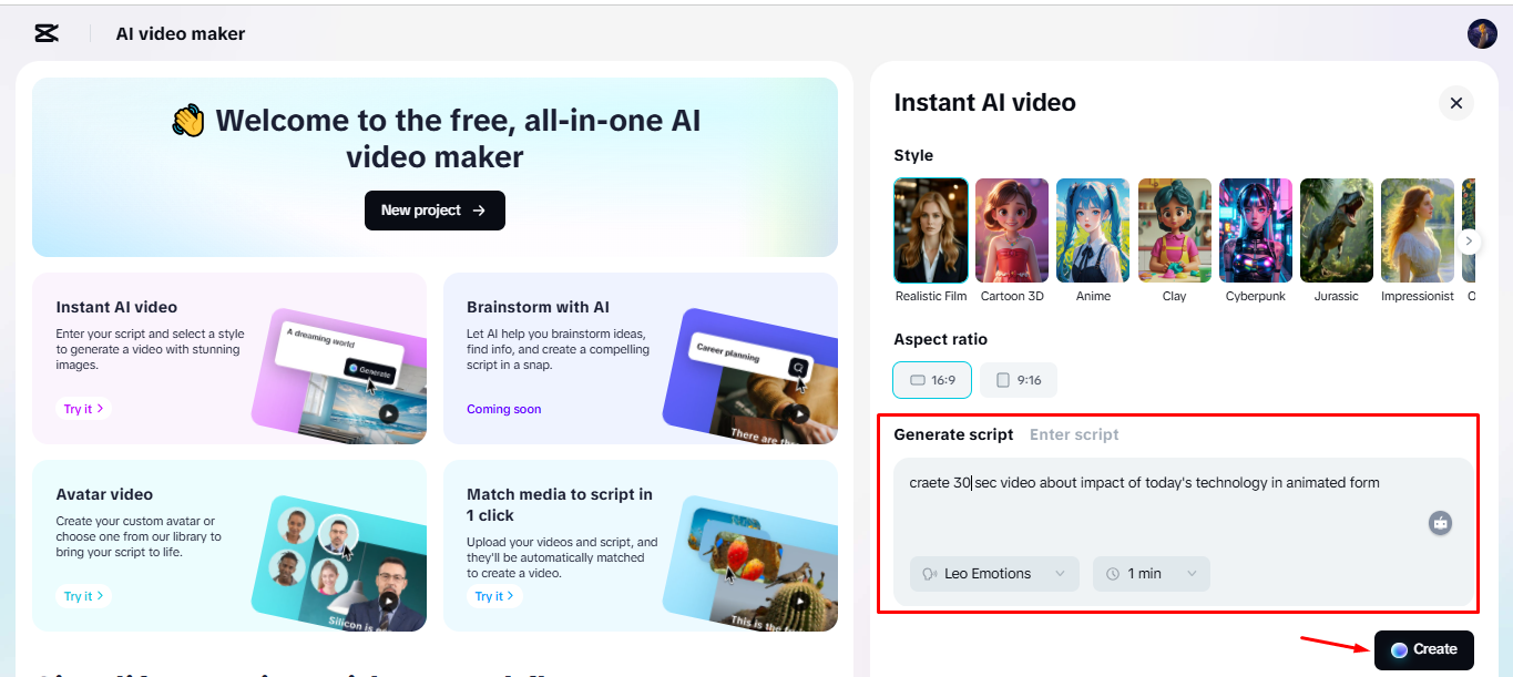 Generating a script and creating an animated video with CapCut's AI video maker