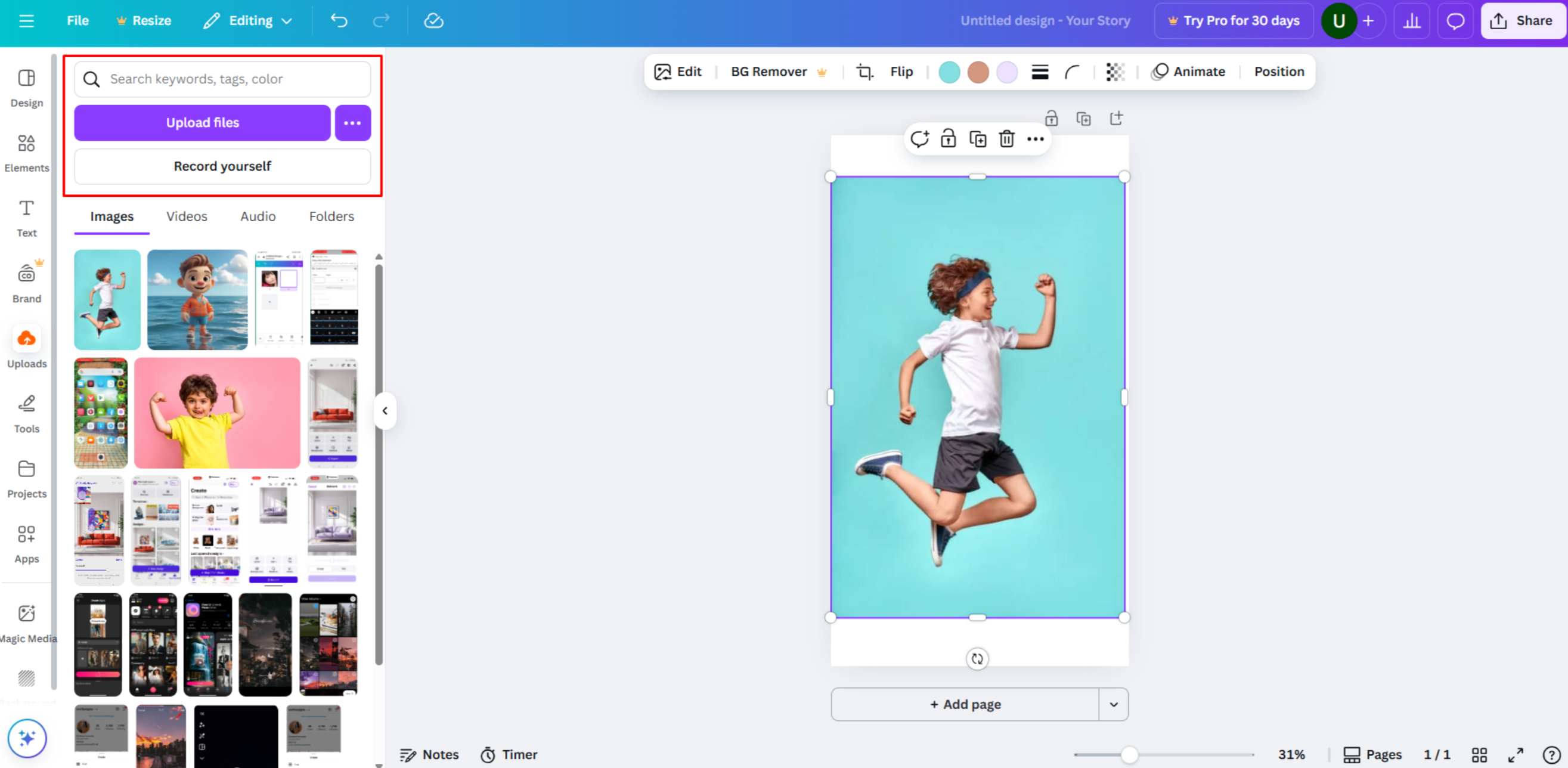 Adding an image to Canva for resizing