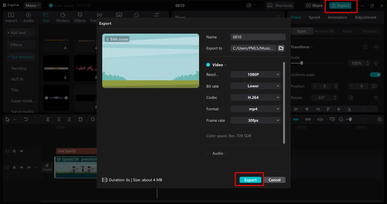 Exporting high-quality animation video from CapCut.