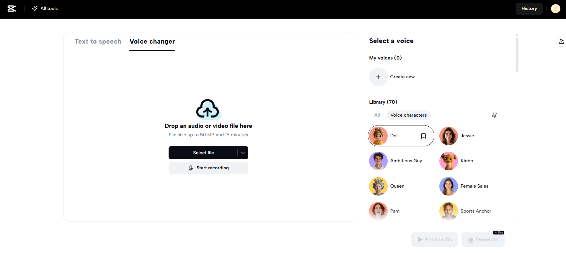 CapCut Web's voice changer