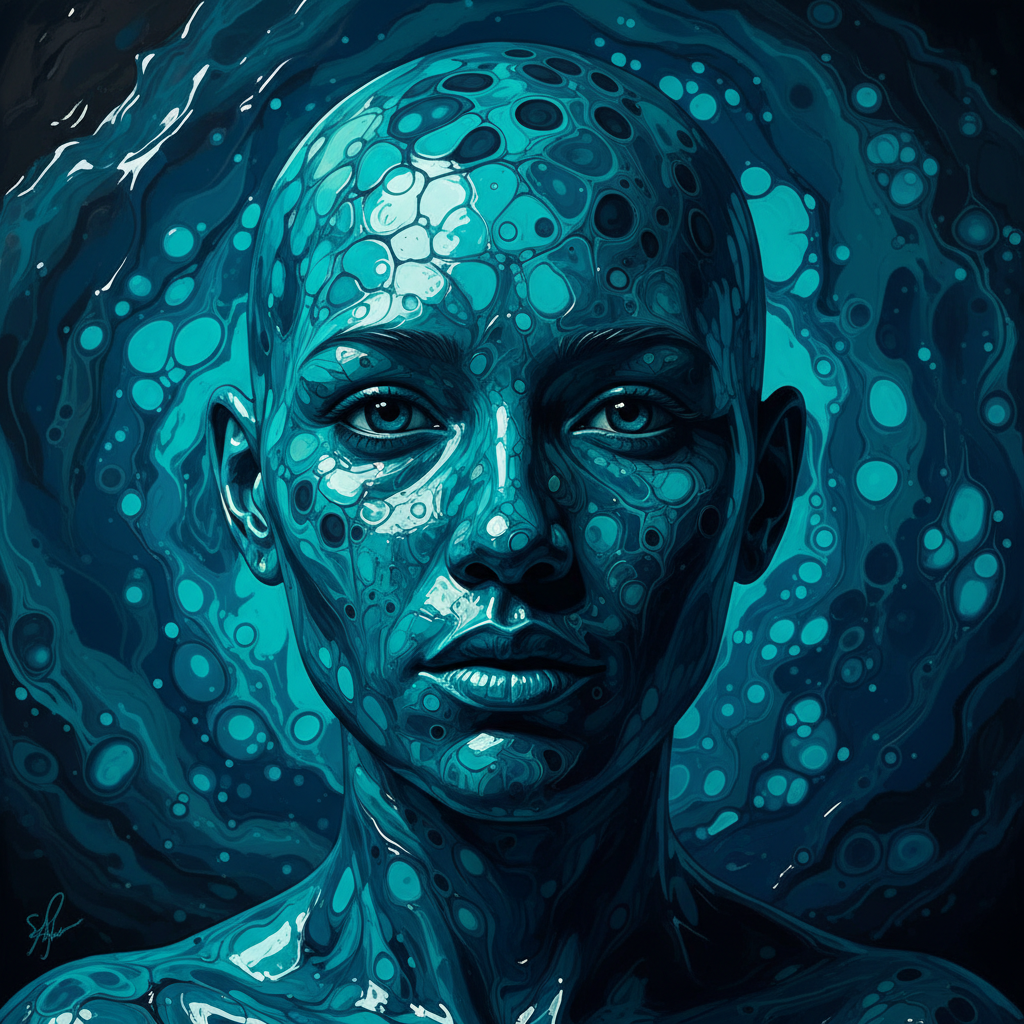 AI avatar in acrylic pour marbling style with cool cyan–teal palette, glossy acrylic cells, high contrast on a dark background.
