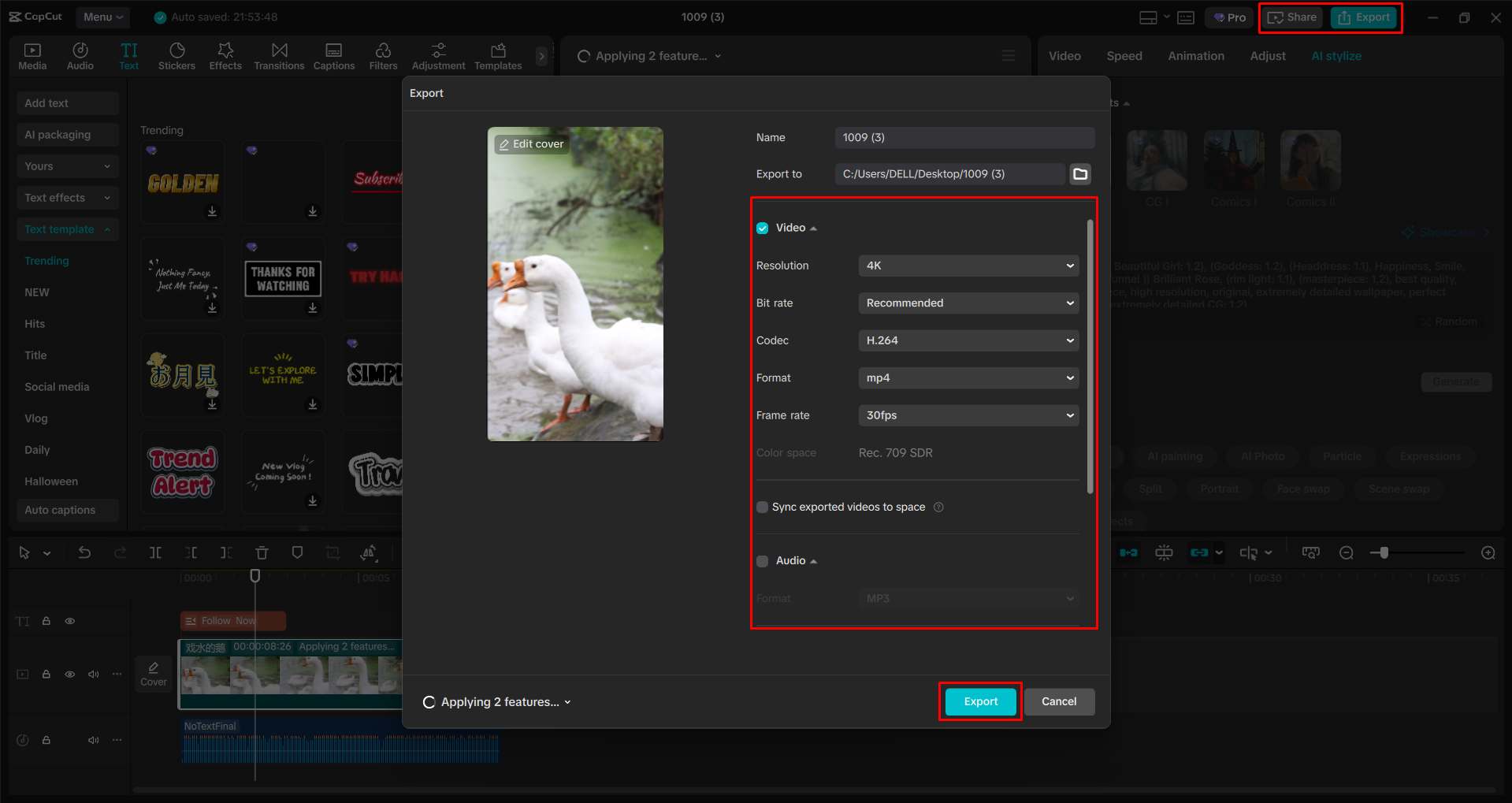 Exporting a video from the CapCut desktop video editor