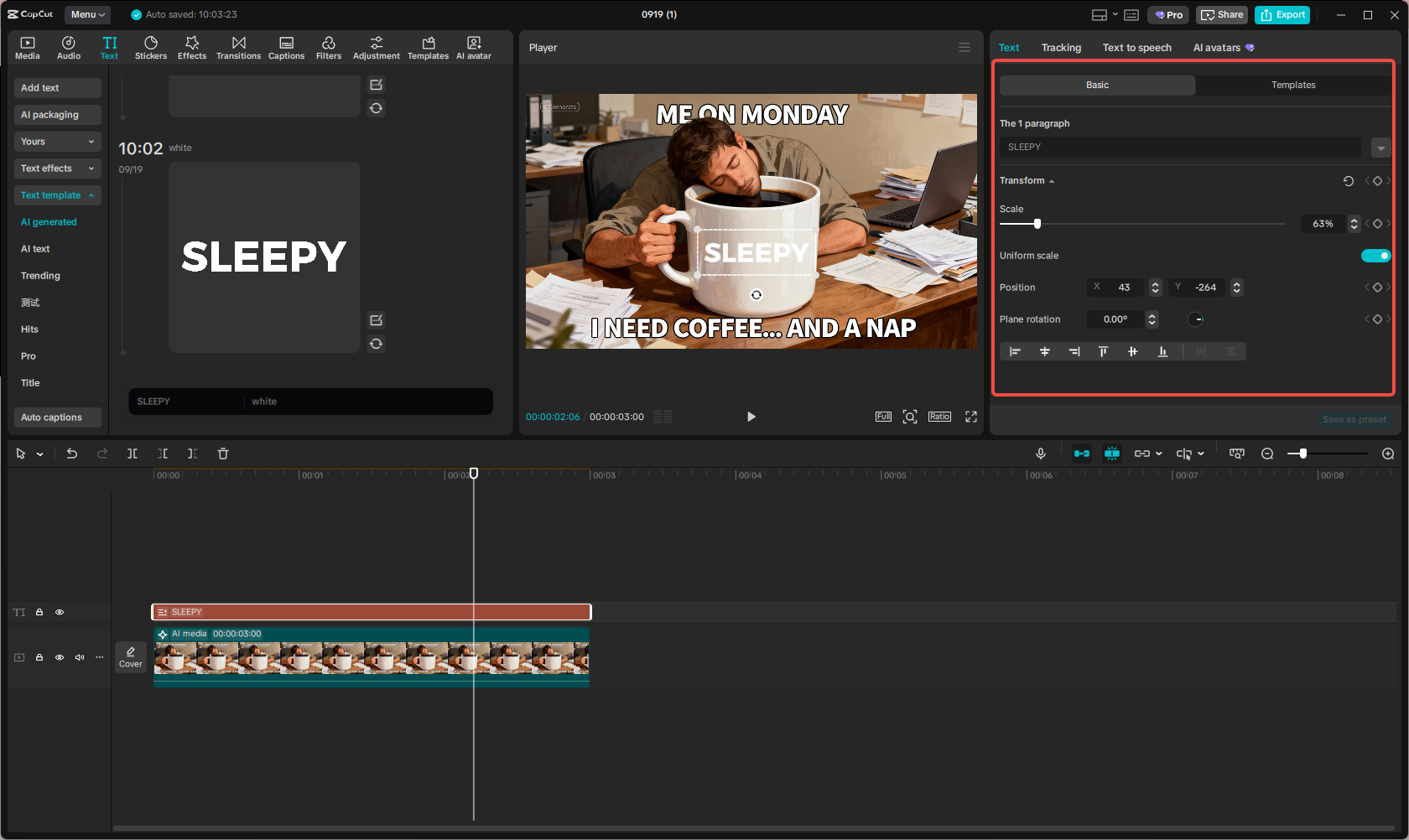 Editing the generated font in CapCut