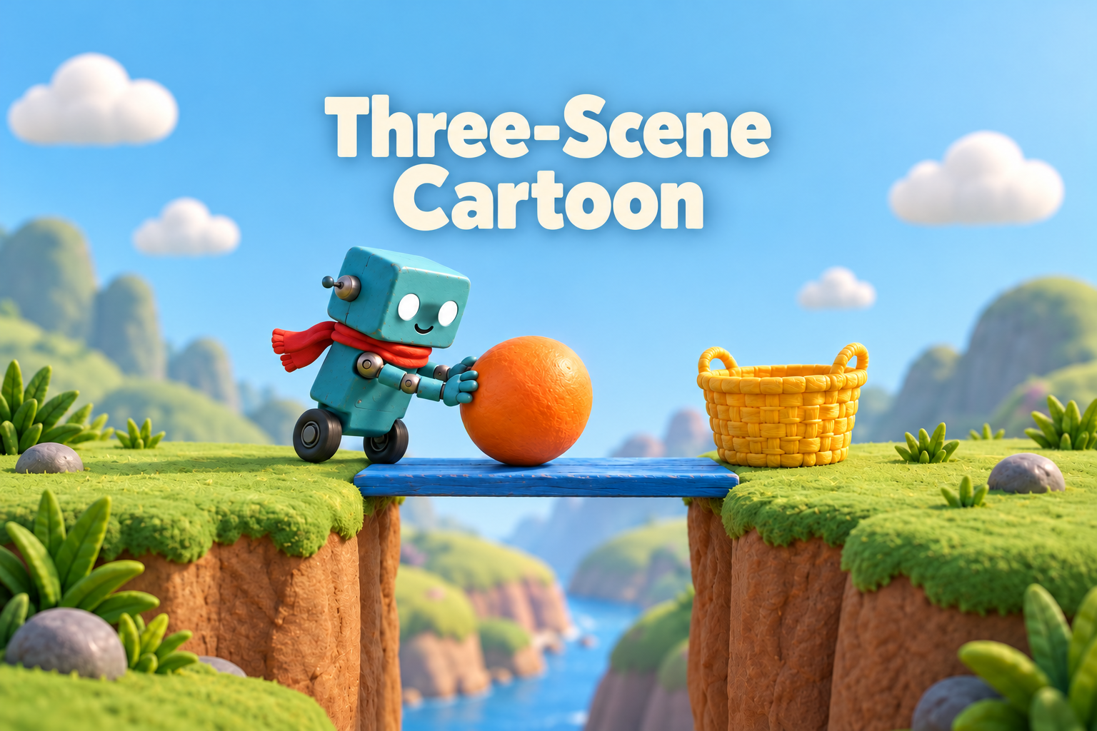 A turquoise robot on black wheels pushing an orange ball beneath the title Three-Scene Cartoon