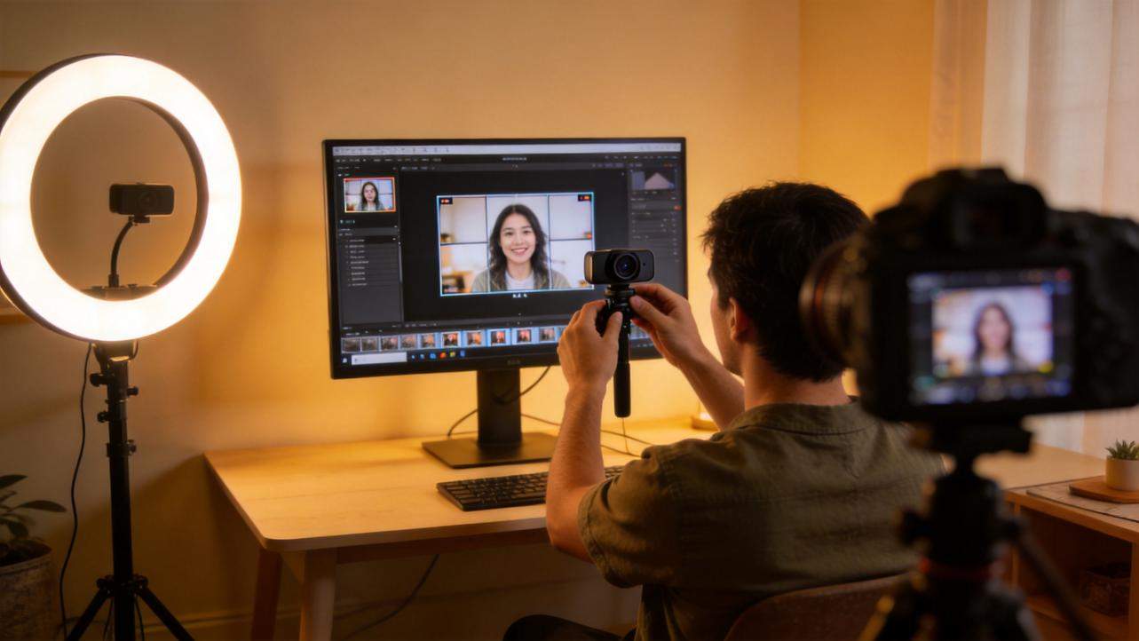 Person filming a webcam setup with a ring light and monitor showing a video editor
