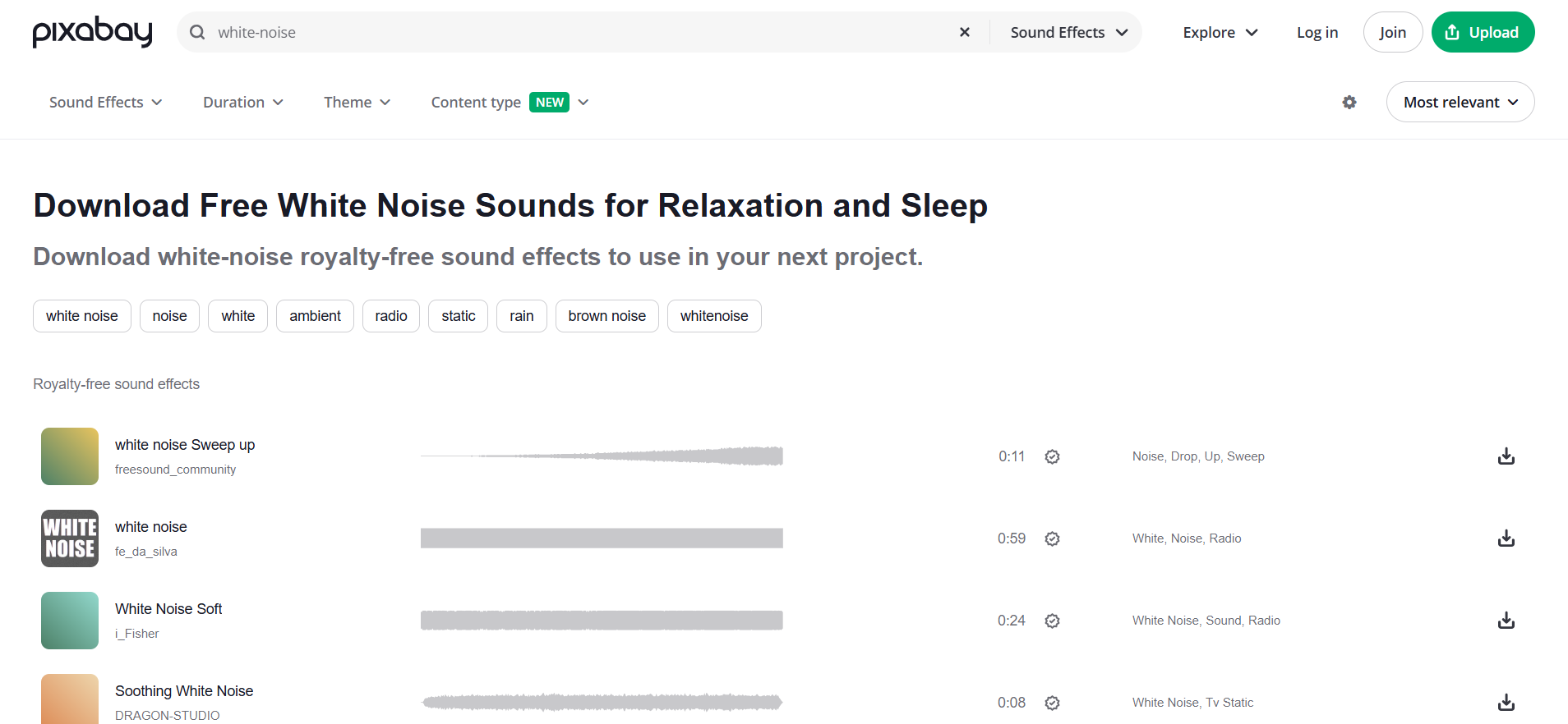 Pixabay gives a wide range of free white noise MP3s