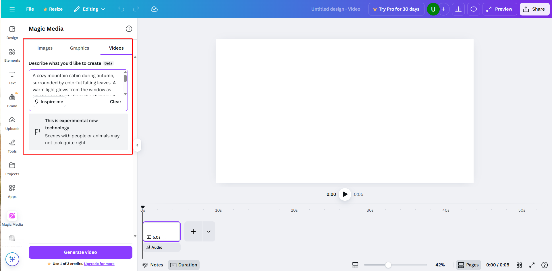 Введення текстового запиту в генератор відео Canva