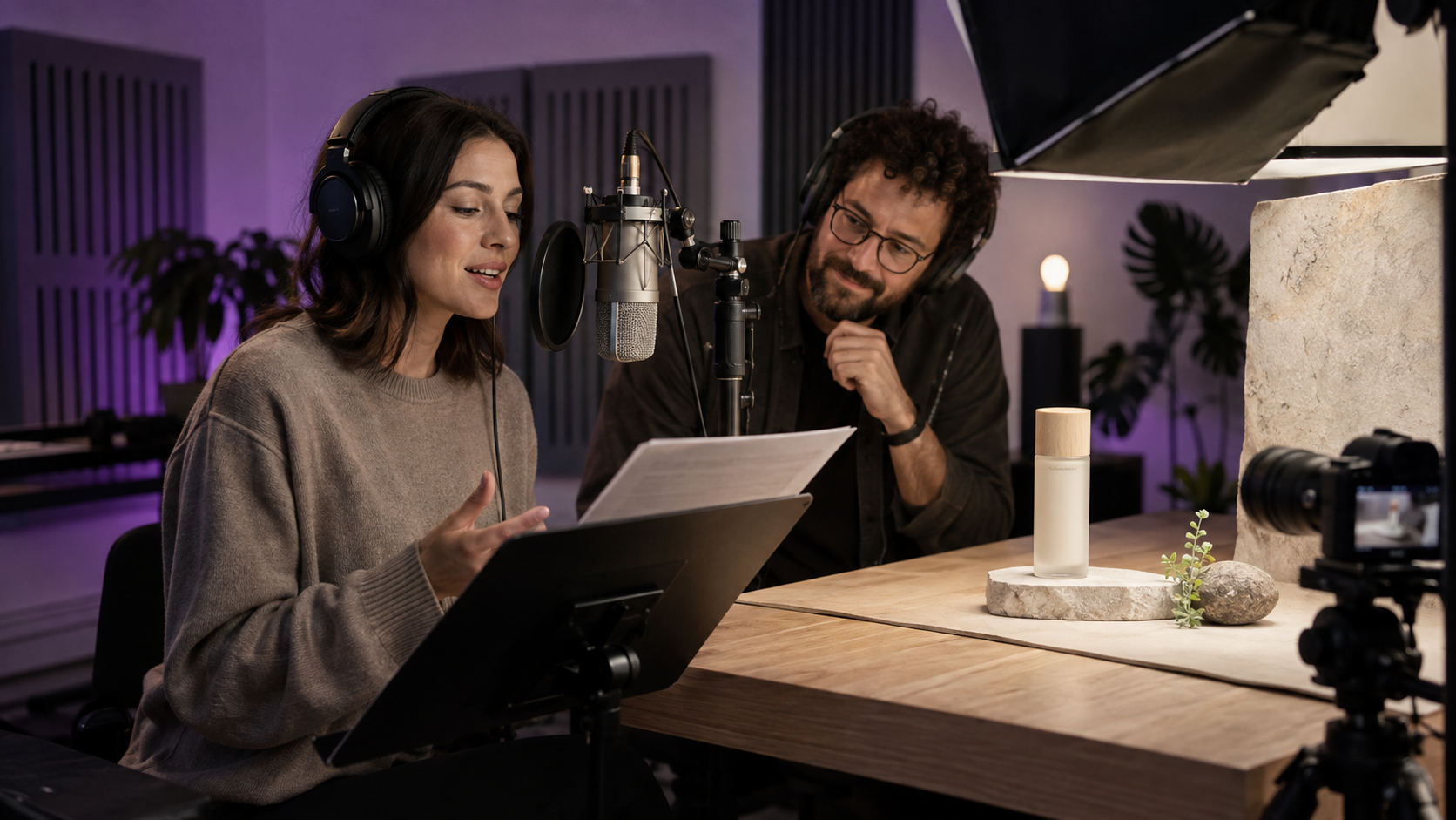 Ecommerce team recording a product advertisement voiceover beside an unbranded skincare set