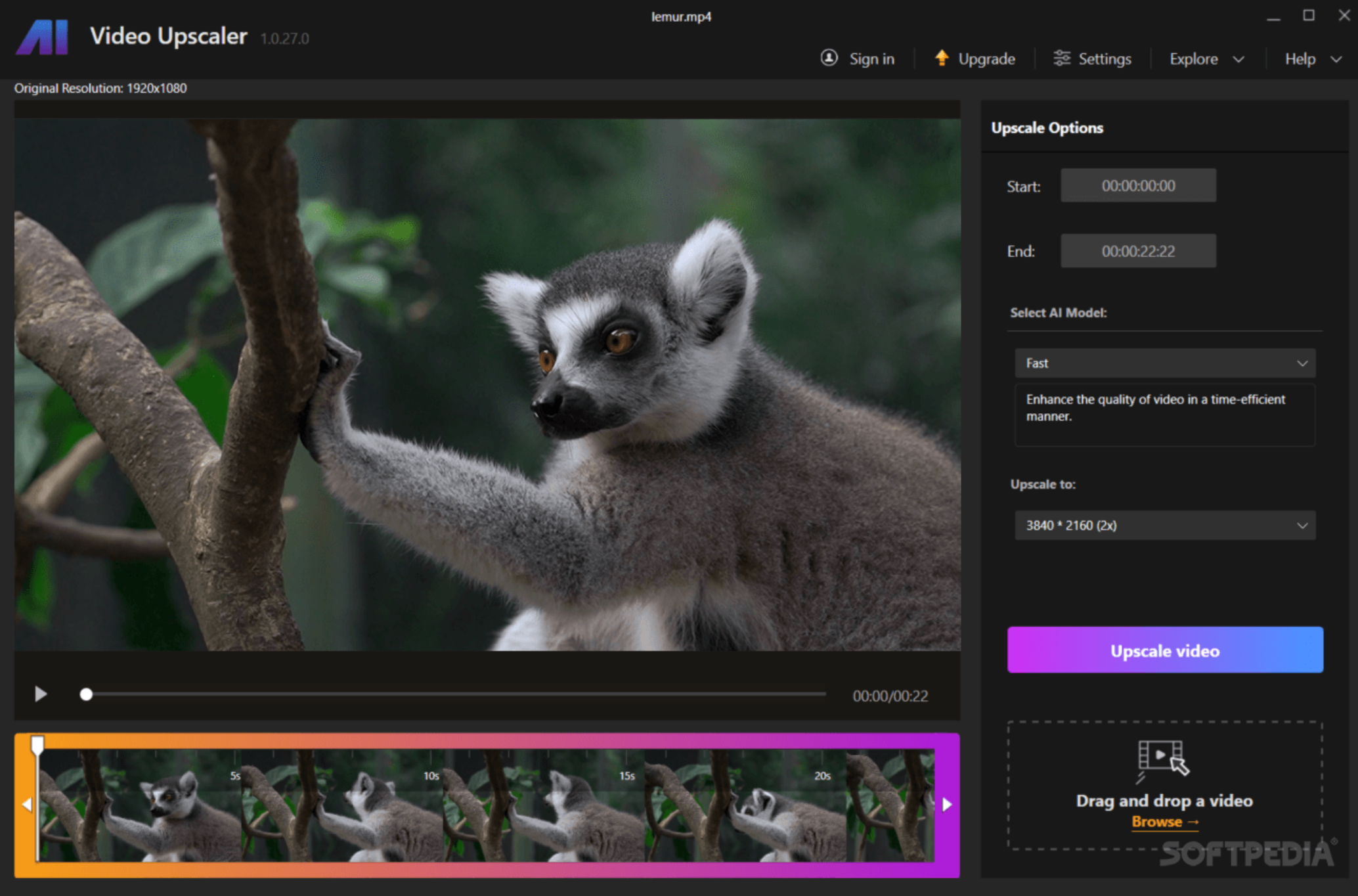 Interface of the Nero AI video upscaler