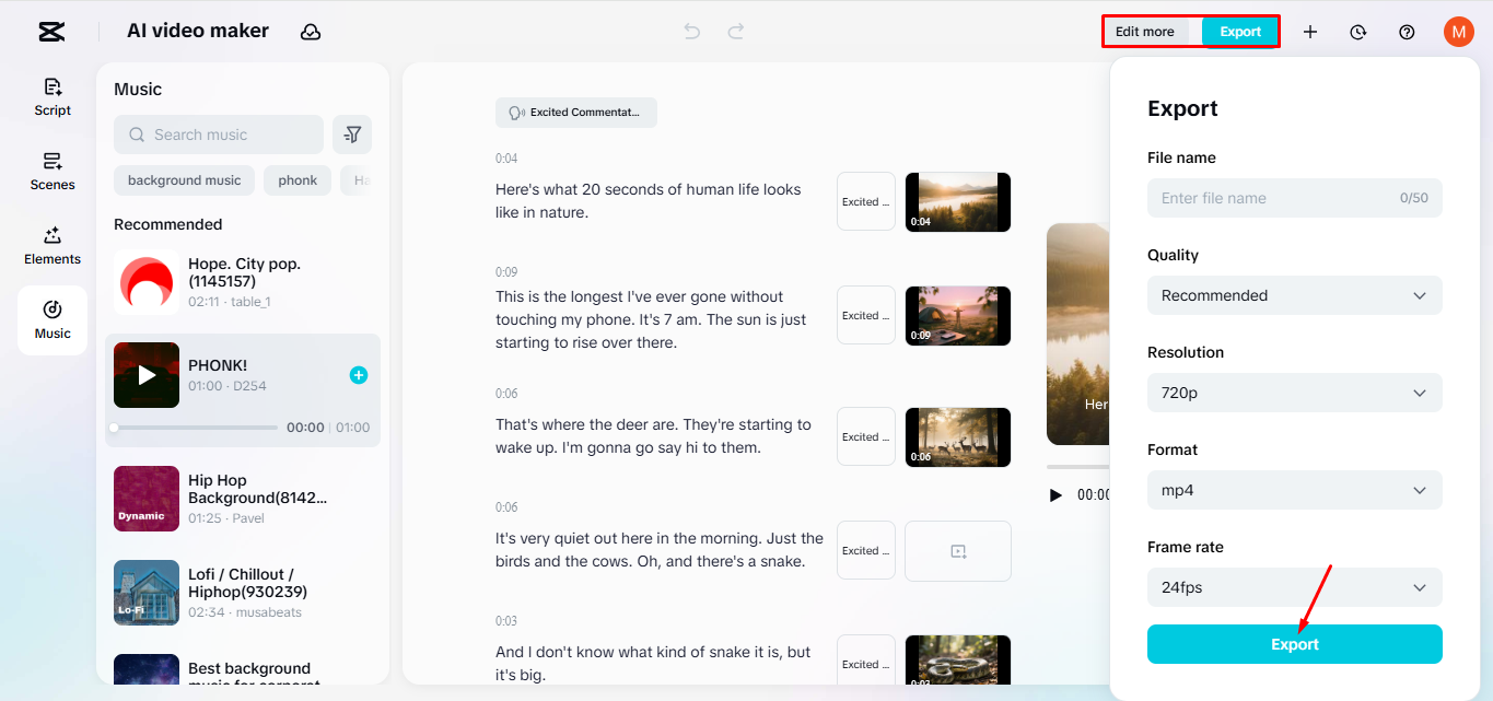 Exporting the final video from CapCut's AI video maker