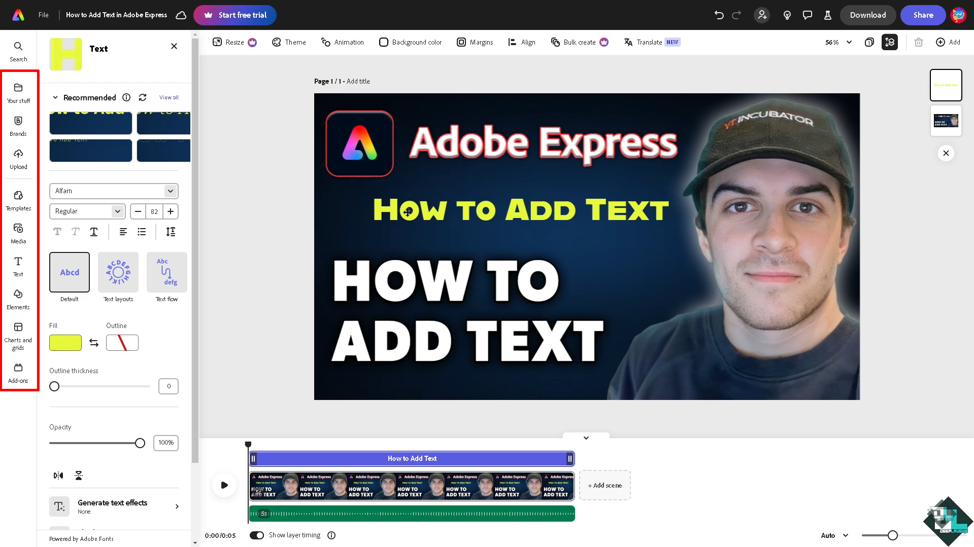 Schnittstelle von Adobe Express zum Schreiben von Text auf Fotos