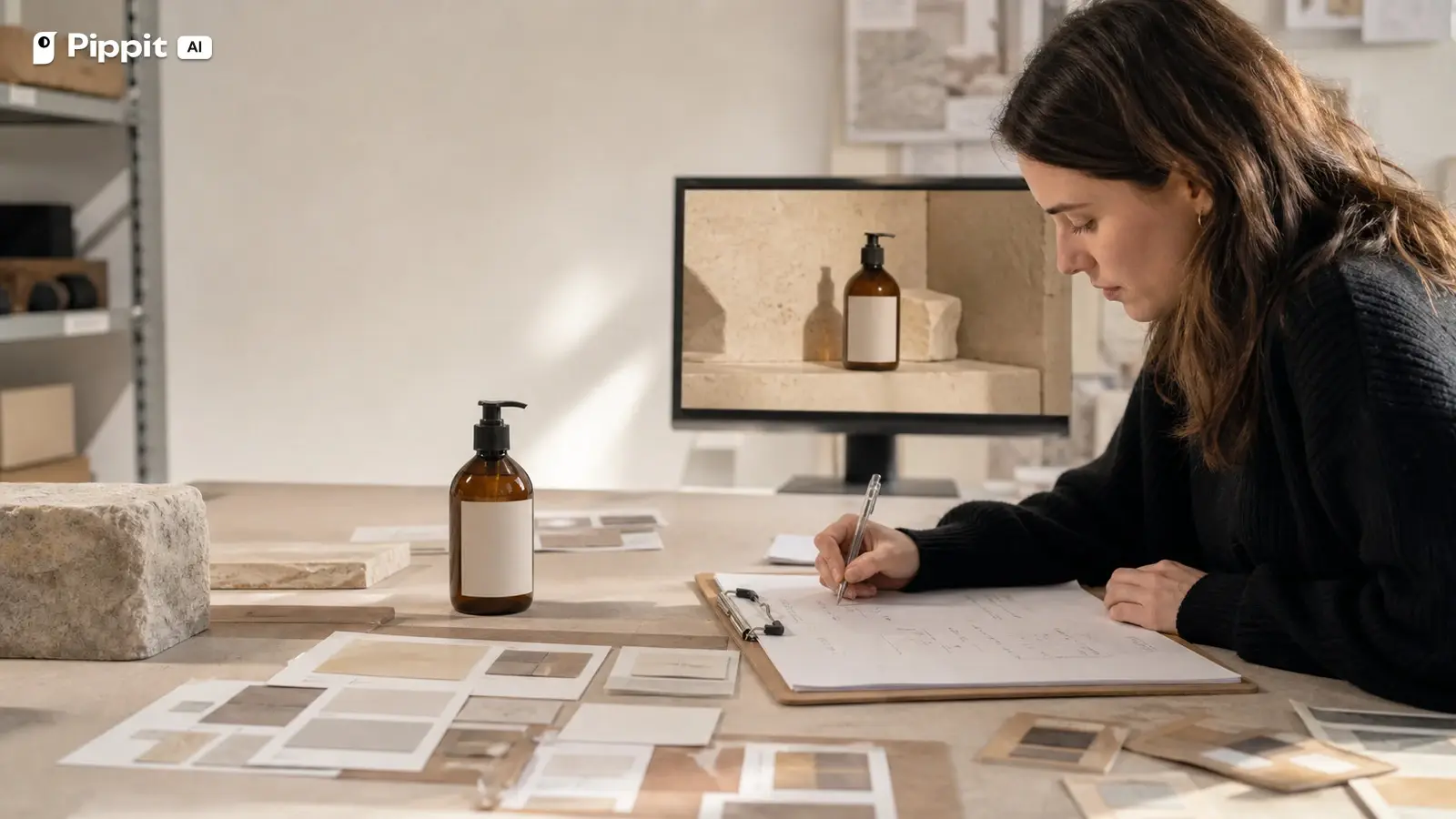 A product stylist writes a structured set brief beside an amber pump bottle and a test image.