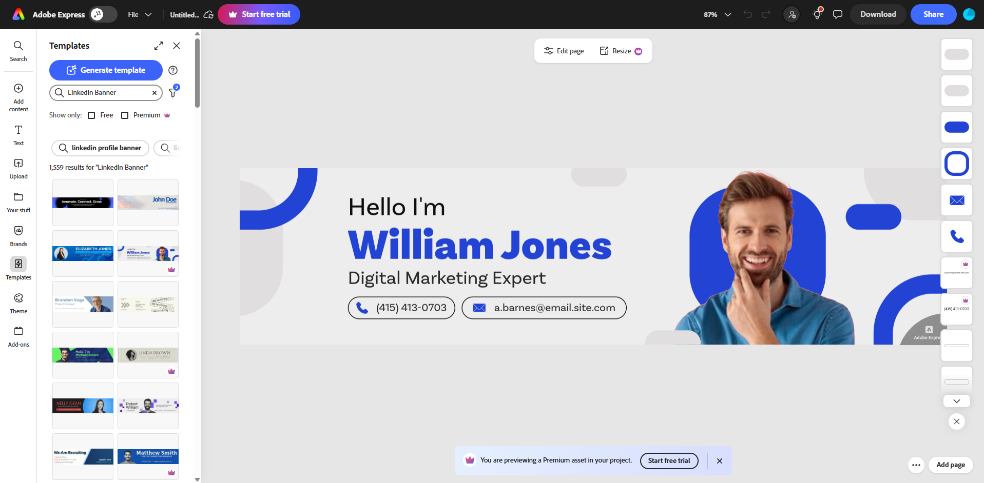 Adobe Express gränssnitt LinkedIn banner maker AI