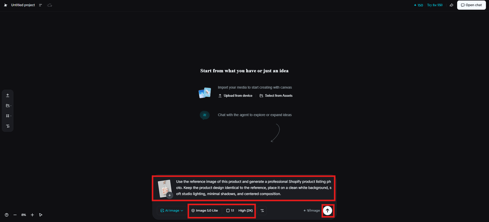 Write a prompt and choose settings from the bottom panel