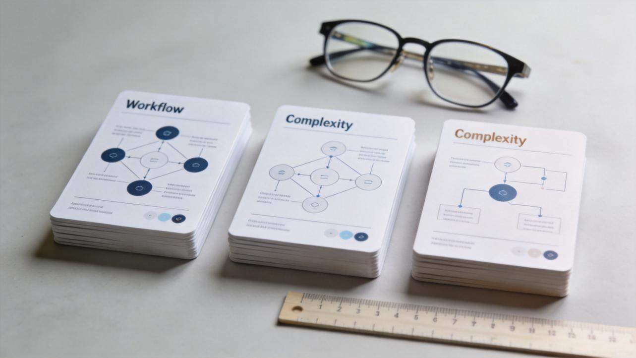 Three stacks of design cards on a desk, with glasses above and a ruler below