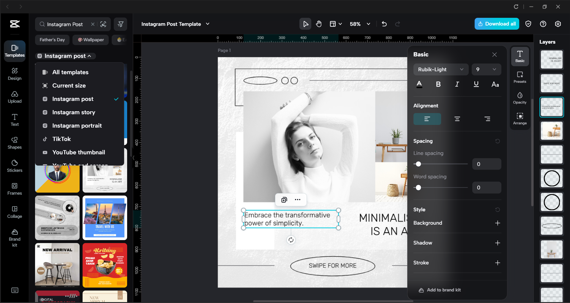 Interface of the CapCut desktop video editor - an ideal tool for editing Instagram post templates