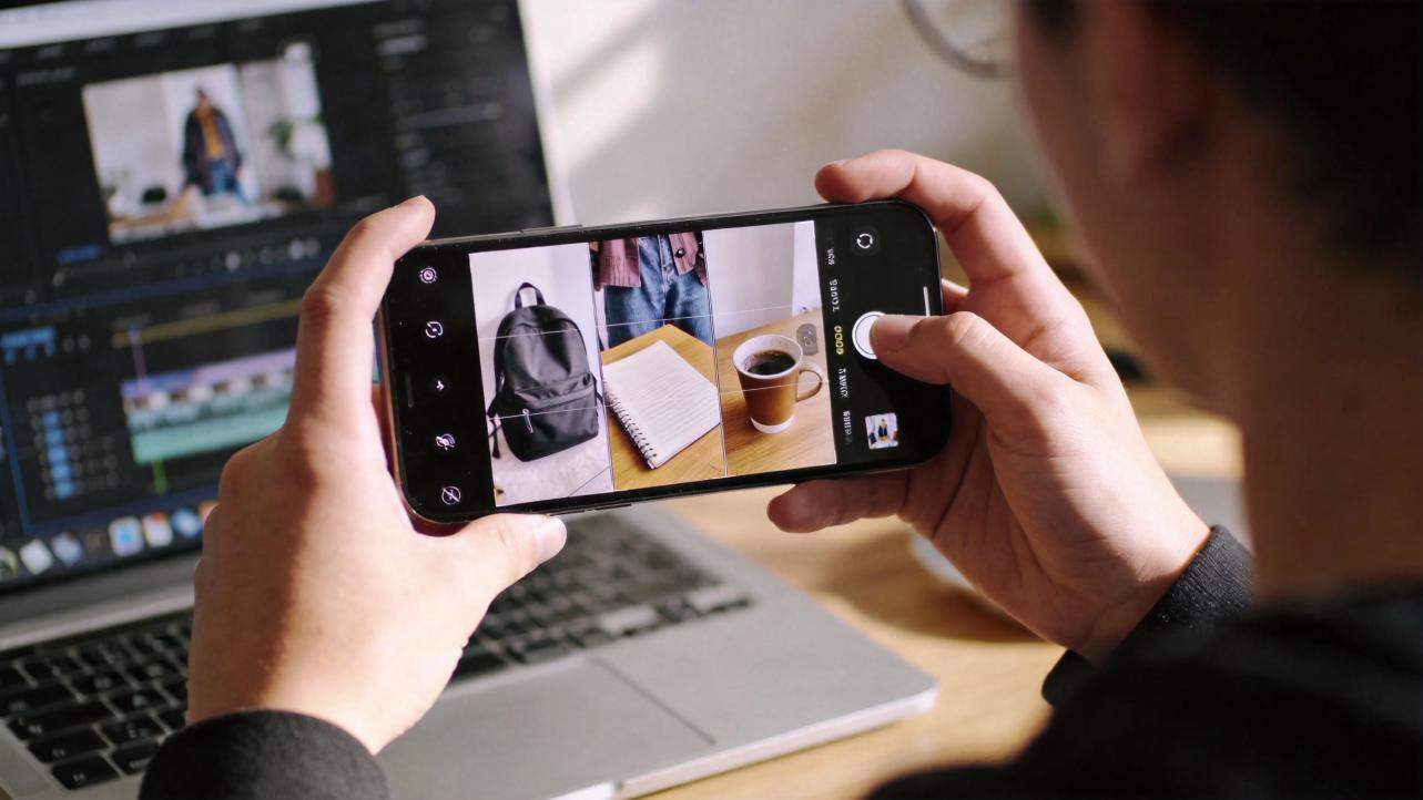 Hands holding a phone to film school essentials on a laptop editing screen