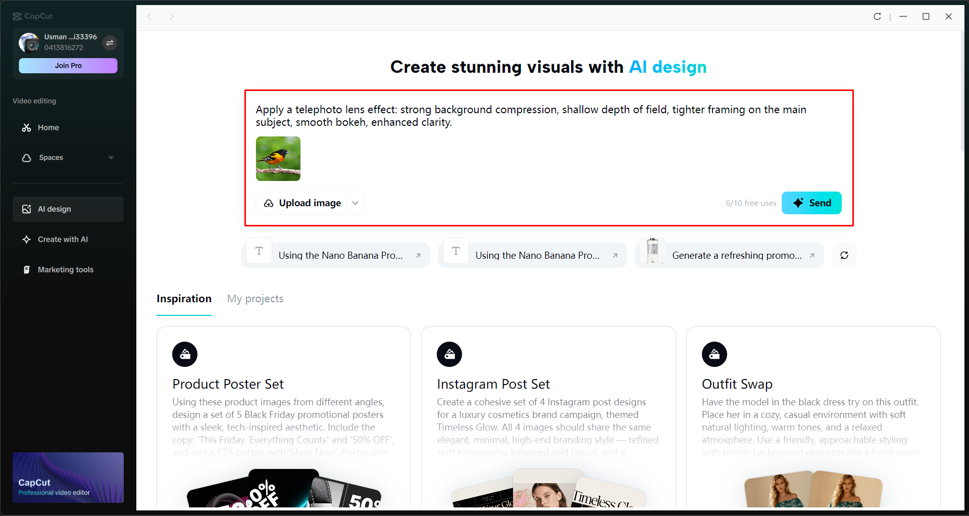 Accessing the AI design tool in the CapCut desktop video editor