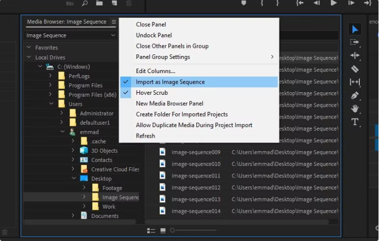 A user-friendly way to import image sequence in Premiere's Media Browser