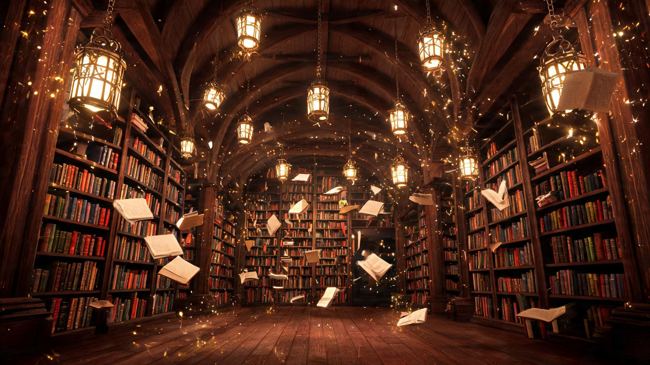 Magical library with floating books