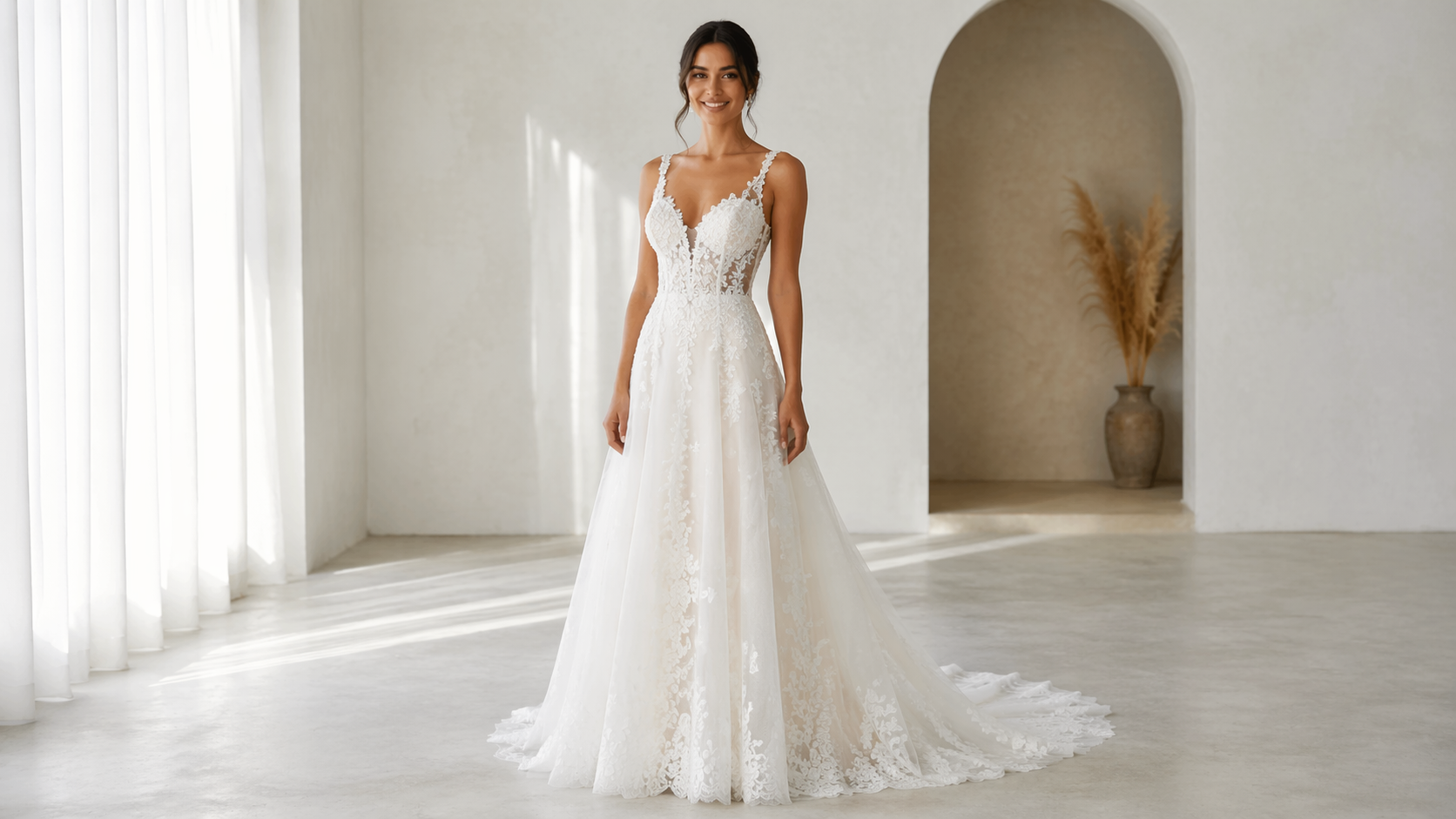 Dreamina virtuelles Hochzeitskleid Probieren Sie auf Prompt Beispiel 1: Spitze A-Linie Hochzeitskleid