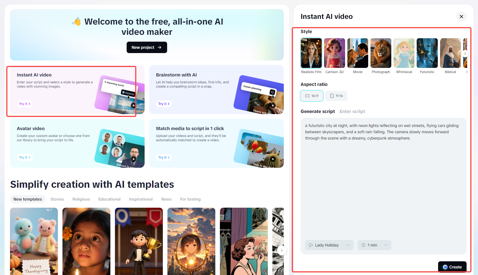 Choose a video style and generate the video in CapCut