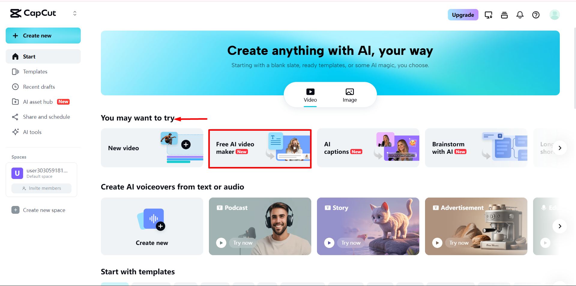 Access the AI video maker tool on the CapCut Web