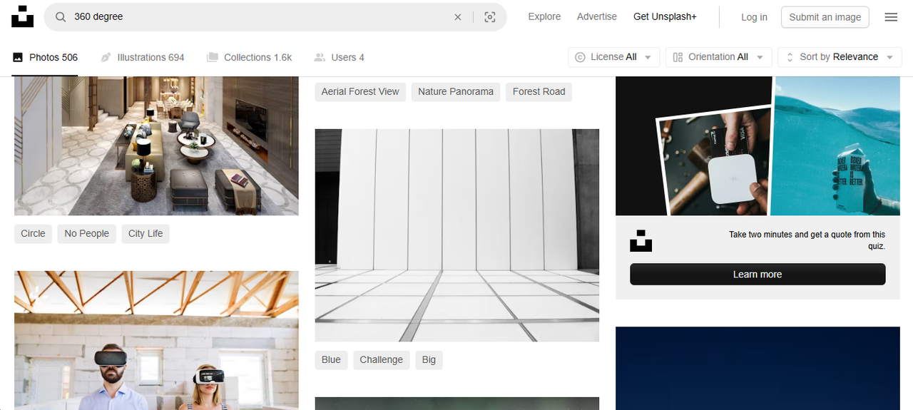 Interfața Unsplash - o platformă populară pentru fotografii panoramice