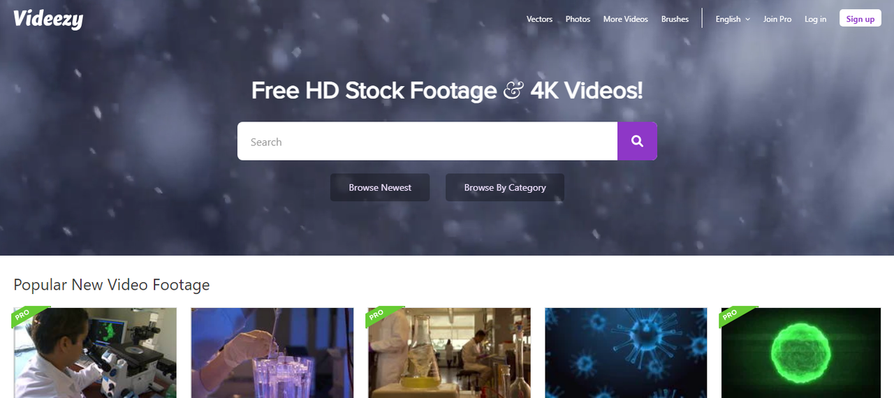 Videezy page headed Free HD Stock Footage and 4K Videos, with search and Popular New Video Footage thumbnails.